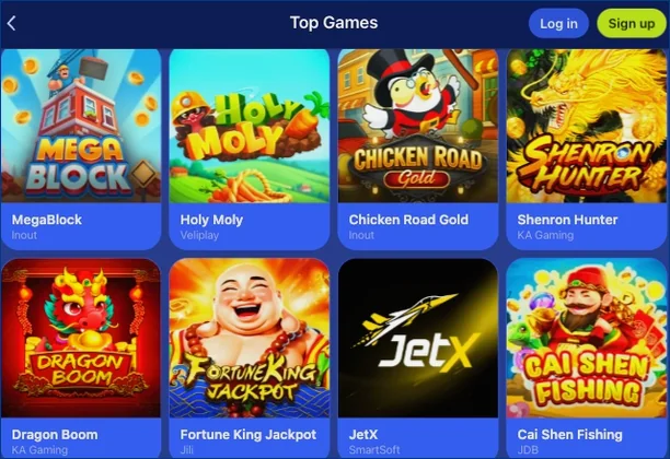 Top games list with colourful instant game tiles arranged in two rows