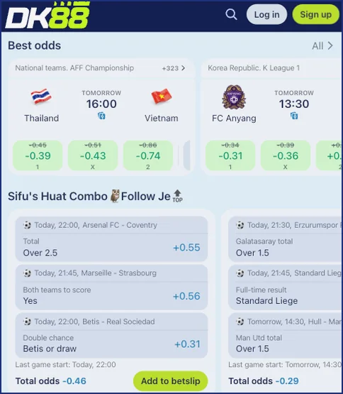 Best odds section with football fixtures, three-way odds buttons and a combo section