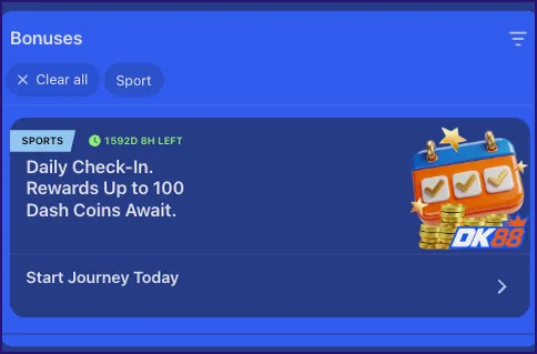 Bonuses list with a Daily Check-In card offering rewards of up to 100 Dash Coins