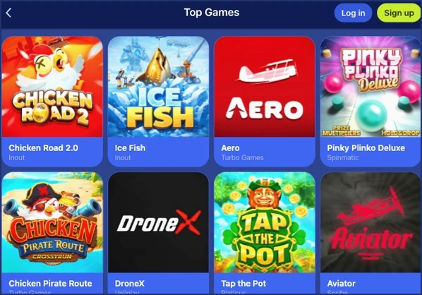 Top games list with a grid of quick-round game tiles and the studio name under each title