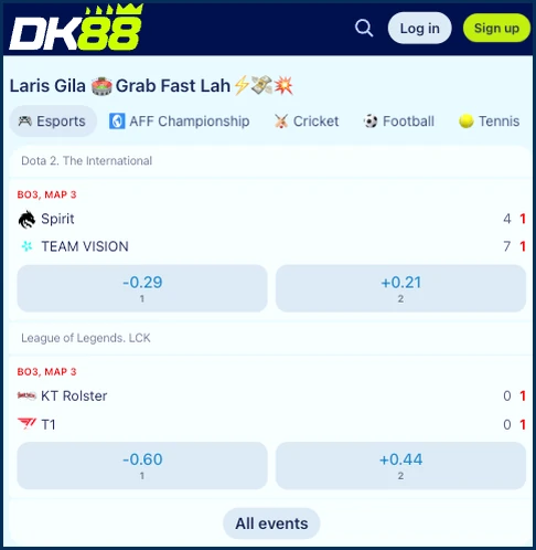 E-sports odds with two-way odds buttons and an All events button