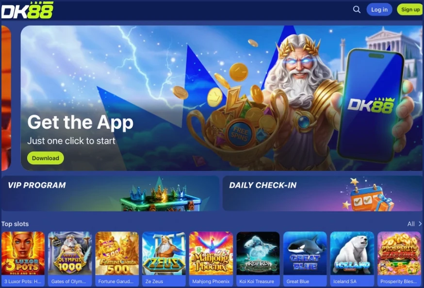 Home screen with a Get the App banner and Download button, the VIP Program and Daily Check-In tiles and a Top slots row