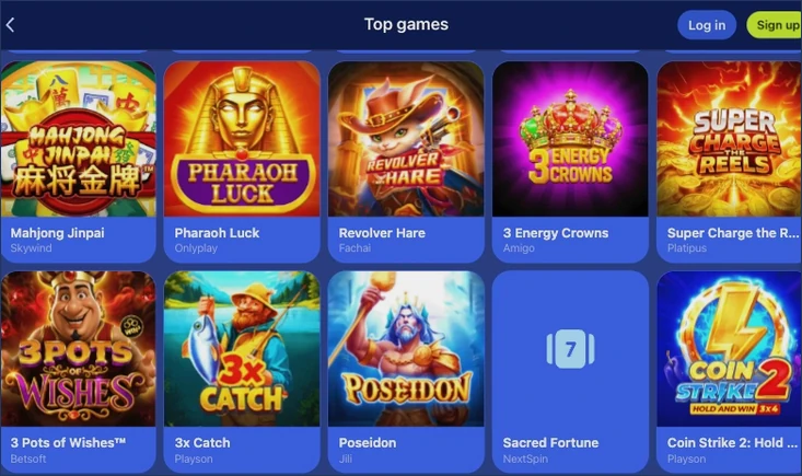 Second top games grid with slot tiles such as Mahjong Jinpai, Pharaoh Luck, Revolver Hare, 3 Energy Crowns, Poseidon and Coin Strike 2