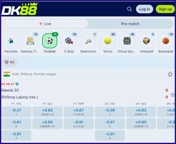 Live sports screen with a Live and Pre-match switch, a row of sport icons and a live football match with odds