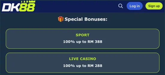 Kad bonus sukan dan kasino langsung Kad bonus khas yang menyenaraikan bonus sukan 100% sehingga RM 388 dan bonus kasino langsung 100% sehingga RM 288