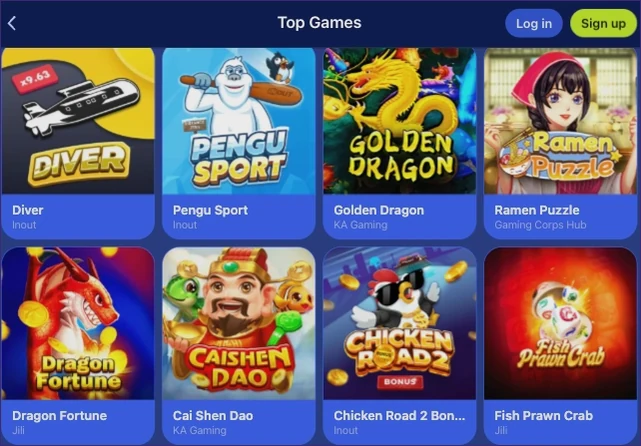 Top games tiles in two rows with the game title and studio name beneath each cover