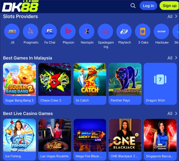 Mobile home view with rows for slots providers, best games in Malaysia and best live casino games