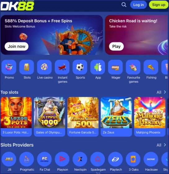 Home screen with the 588% deposit bonus banner, round shortcuts for Promo and Live casino, and rows of top slots and slot providers