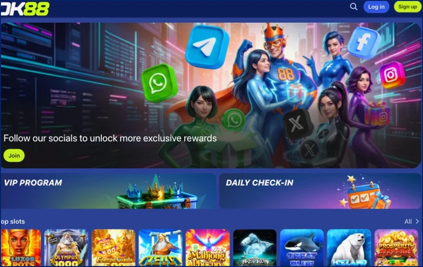 Home screen banner inviting players to follow our social channels, followed by the VIP Program and Daily Check-In tiles and a Top slots row