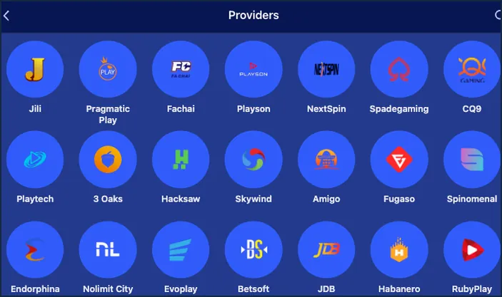 Providers screen with a grid of round studio logos, including Jili, Pragmatic Play, Playson, NextSpin, Spadegaming, Playtech, 3 Oaks and Hacksaw