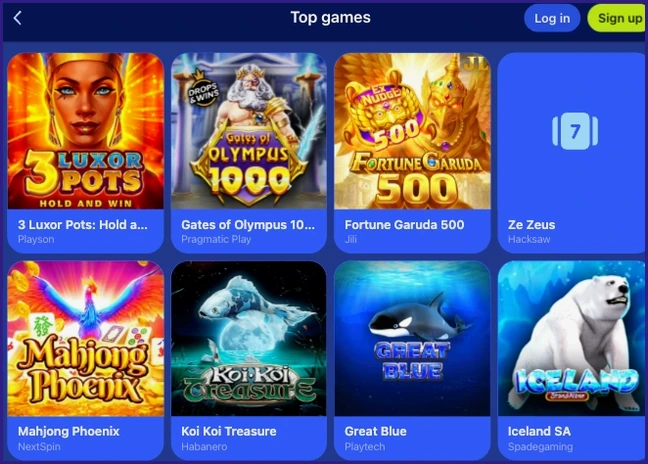 Top games grid of slot tiles including 3 Luxor Pots, Gates of Olympus 1000, Fortune Garuda 500, Mahjong Phoenix, Koi Koi Treasure, Great Blue and Iceland